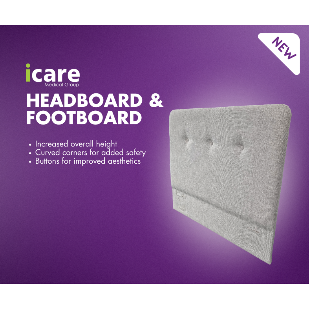 The iCare Medical Headboard and Footboards for iCare Beds feature a grey upholstered headboard with buttons, curved corners for safety, increased height, and improved aesthetics. Shown on a purple background with the iCare Medical Group logo and NEW label.